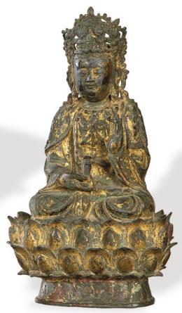 Lote 1400: "Buda Sentado" en metal con restos de dorado, Tibet SS. XVIII-XIX.