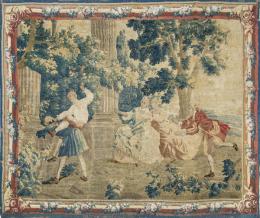 Lote 1228: Tapiz Aubusson de época Luis XV tejido en lana y seda, la escena representa a un grupo de personas jugando al juego "Colin-Maillard", o Blind Man's Buff