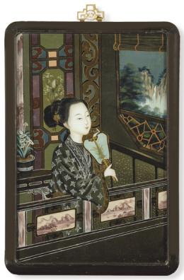 Lote 1403: Pintura china bajo cristal "Mujer con pai-pai", Dinastía Qing ff. S. XIX.