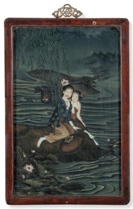 Lote 1405: "Dos Niñas Entre Nenúfares". Pintura china bajo cristal, Dinastía Qing S. XIX