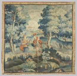 Lote 1240
Tapiz Luis XV Aubussón tejido en lana y seda, con personajes sobre fondo boscoso. Francia, S. XVIII