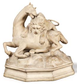 Lote 1242: Leon atacando a un caballo. 
Terracota de Joaquín Ferrer, 1789. Modelo de barro realizado por Joaquín Ferrer inspirado en una escultura de bronce realizada por Antonio Susini, 1580 (ca.) siguiendo modelo de Giovanni Bologna (1529-1608)