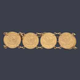 Lote 2550: Pulsera con seis monedas de 10 dólares americanos en oro amarillo de 22K.