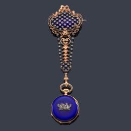 Lote 2601: P. ROSSEL ET DE LACOUR París, reloj lepin con chatelaine en oro rosa de 18 K, esmalte y diamantes.