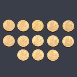 Lote 2681: 13 Monedas (arras) de 20 Soles República de Perú en oro de 22 K. con estuche.