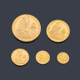 Lote 2682: 5 Monedas de 100, 50, 20,10 y 5 Soles República de Perú en oro de 22 K