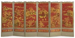 Lote 1401Biombo chino Coromandel de laca roja con decoración dorada, Dinastía Qing S. XVIII.