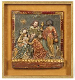 Lote 1428
"Epifanía" tabla de madera en relieve, policromada, dorada y estofada siguiendo modelos del siglo XVI de pp. S. XX.
