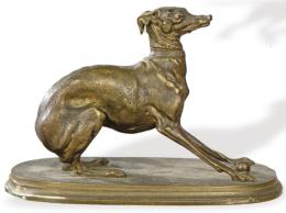 Lote 1438: Siguiendo a Pierre Jules Mené (Francia 1810-1879)
"Galgo con Pelota"
En bronce. Firmado.
