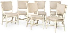 Lote 1455: Conjunto de seis sillas de comedor en madera de bambú pintadas color blanco con asiento y respaldo tapizado. S.XX
