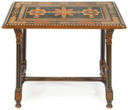 Lote 1478: Mesa bufete en madera de nogal con taracea tipo nazarí, en hueso, nacar, maderas coloreadas, raíz. 
Granada, h. 1900