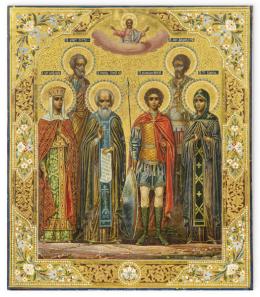 Lote 1016<br>Escuela Rusa ff. S. XIX<br>"Seis Santos con Dios Padre"<br>Icono ruso pintado sobre tabla al temple y dorado