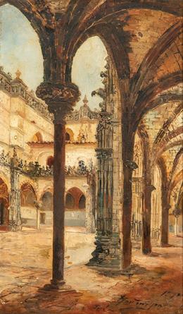 Lote 158: JOSÉ MONTENEGRO CAPELL - Interior de la antigua iglesia Colegial de Nuestro Señor San Salvador de Jerez<br>Interior de un claustro