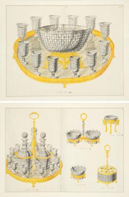 Lote 0045<br>ESCUELA FRANCESA PPS. S. XIX - Estudio de servicio de mesa Imperio con montura en bronce y cristal