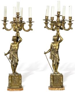 Lote 1059<br>Pareja de candelabros converitidos en lámpara de bronce dorado S. XX.