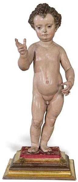 Lote 1221: Escuela Sevilla S. XVII<br>"Niño Jesús Triunfante"<br>Figura de peltre policromada.