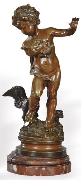 Lote 1243<br>Siguiendo a Aguste Moreau (Francia 1834-1917)<br>"Niño con Patos" ff. S. XIX pp. S. XX<br>Escultura de bronce patinado