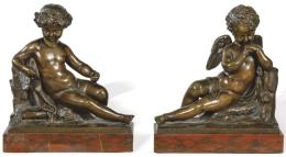 Lote 1248<br>Pareja de amorcillos de bronce patinado, Francia S. XIX.<br>Sobre base de mármol rojo.