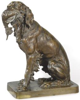 Lote 1255: Siguiendo a Ferdinand Pautrot (Francia 1832-1874)<br>"Setter con Presa" ff. S. XIX pp. S. XX<br>Escultura de bronce patinado.