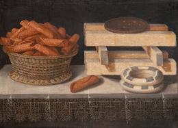 Lote 0083<br>TOMÁS HIEPES - Bodegón con cesta de barquillos, turrones y roscos sobre mesa con mantel bordado
