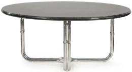 Lote 1332: Mesa de comedor siguiendo el modelo 784 de Gianfranco Frattini, con estructura tubular de metal cromado y tapa circular de madera laminada en negro. S. XX