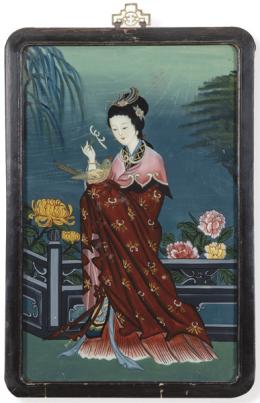 Lote 1370: "Mujer con una Flor" pintura china bajo cristal, ff. S. XIX pp. S. XX.