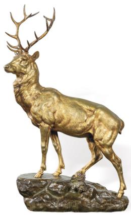 Lote 1095: Jules Edmond Masson (Francia 1871-1932)<br>"Gran Ciervo sobre Roca"<br>Escultura de bronce dorado. Firmada.