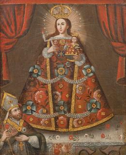 Lote 0092<br>ESCUELA CUZQUEÑA S. XVIII - <br>Virgen de la Candelaria de Copacabana con donante