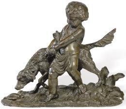 Lote 1083: Siguiendo a Auguste Joseph Peiffer (Francia 1832-1886)<br>"Amorcillo con Perro" S. XIX<br>Escultura de bronce patinado.