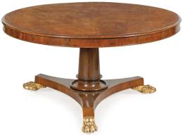 Lote 1094: Mesa de comedor regencia, de tapa circular moldurada, sobre pedestal en forma de columna toscana, con base torneada. Se apoya en una plataforma con tres lados cóncavos terminados en patas de garra de animal en madera tallada y dorada. Inglaterra, h. 1820