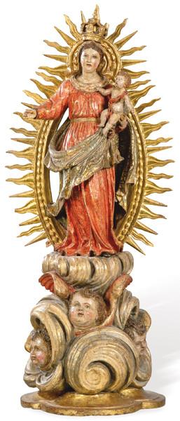 Lote 1115: Escuela Española S. XVIII<br>"Virgen del Rosario"<br>Talla de madera policromada, dorada y estofada