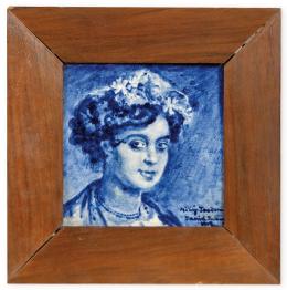 Lote 1266: Daniel de Zuloaga (Madrid 1852-Segovia 1921)<br>Azulejo en cerámica pintada y esmaltada. Presenta el retrato de su hija Teodora Zuloaga en tonalidades azules. Firmado y fechado en la base como: "Mi hija Teodora. Daniel Zuloaga. 1908”.