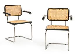 Lote 1408: Marcel Breuer (1902-1981) ReediciónConjunto de tres sillas con brazos (B64) modelo Cesca. Con estructura tubular de metal cromado, asiento y respaldo de haya y paja de Viena trenzada.Italia, S. XX