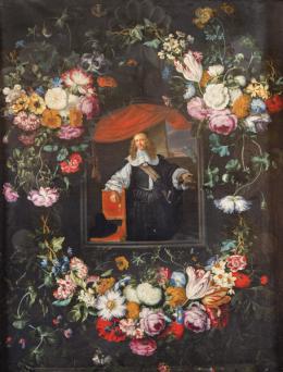 Lote 213: JAN PEETER BRUEGHEL - Orla de flores con retrato de caballero, c. 1660