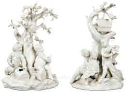 Lote 282: Pareja de grupos escultoricos de niños jugando en porcelana esmaltada en blanco de Nymphenburg