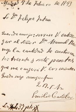 Lote 1191: EMILIO CASTELAR - Pagaré extendido a Manuel Bermejo