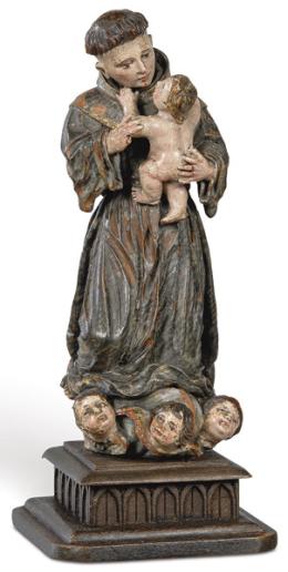 Lote 1238: Escuela Española S. XVIII<br>"San Antonio con el Niño"<br>Pequeña escultura tallada en madera y policromada.